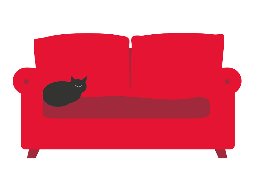 Illustration unseres roten Sofas mit einer darauf ruhenden Katze